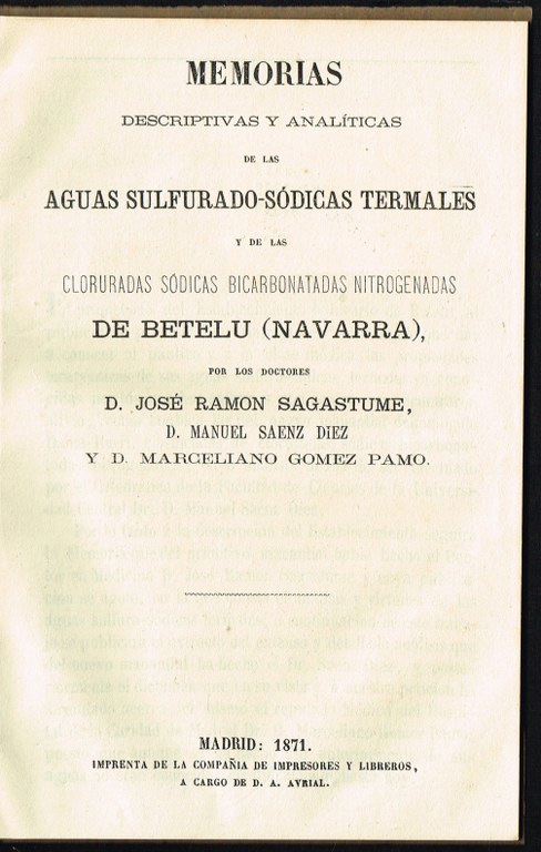 MEMORIAS (...) de las Aguas Sulfurado-Sódicas Termales (...) DE BETELU (NAVARRA)